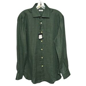Kiton Italian Linen Shirt Green 40R Classic Fit Button-Up Quiet Luxury Designer